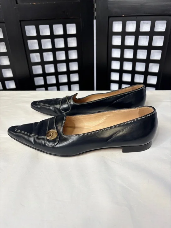💙Manolo Blahnik Navy Leather Loafers   EU 39.5 Pointed Slip On Designer💙 - Picture 3 of 10